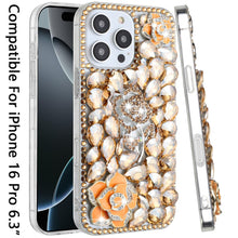 For iPhone 16 Pro 6.3in Case Full Bling Diamond 3D Rose Cover + Tempered Glass