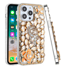 For iPhone 15 PRO Case Full Bling Faux Diamond 3D Rose Cover + 2 Tempered Glass