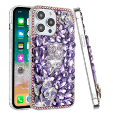 For iPhone 15 Case Full Bling Faux Diamond 3D Rose Jewel + 2 Tempered Glass