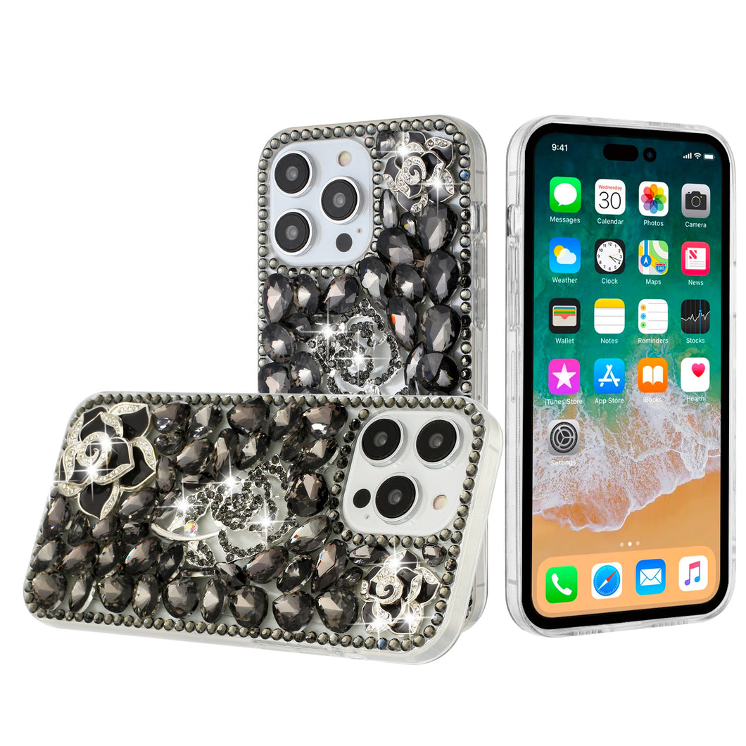 For iPhone 15 Case Full Bling Faux Diamond 3D Rose Jewel + 2 Tempered Glass