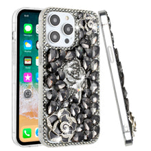 For iPhone 15 Case Full Bling Faux Diamond 3D Rose Jewel + 2 Tempered Glass