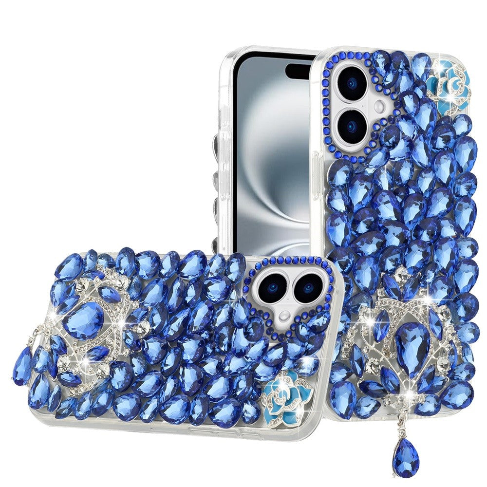 For iPhone 16 6.1inch Case Full Bling Large 3D Jewel Phone Cover +Tempered Glass