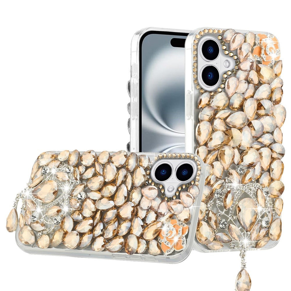 For iPhone 16 6.1inch Case Full Bling Large 3D Jewel Phone Cover +Tempered Glass