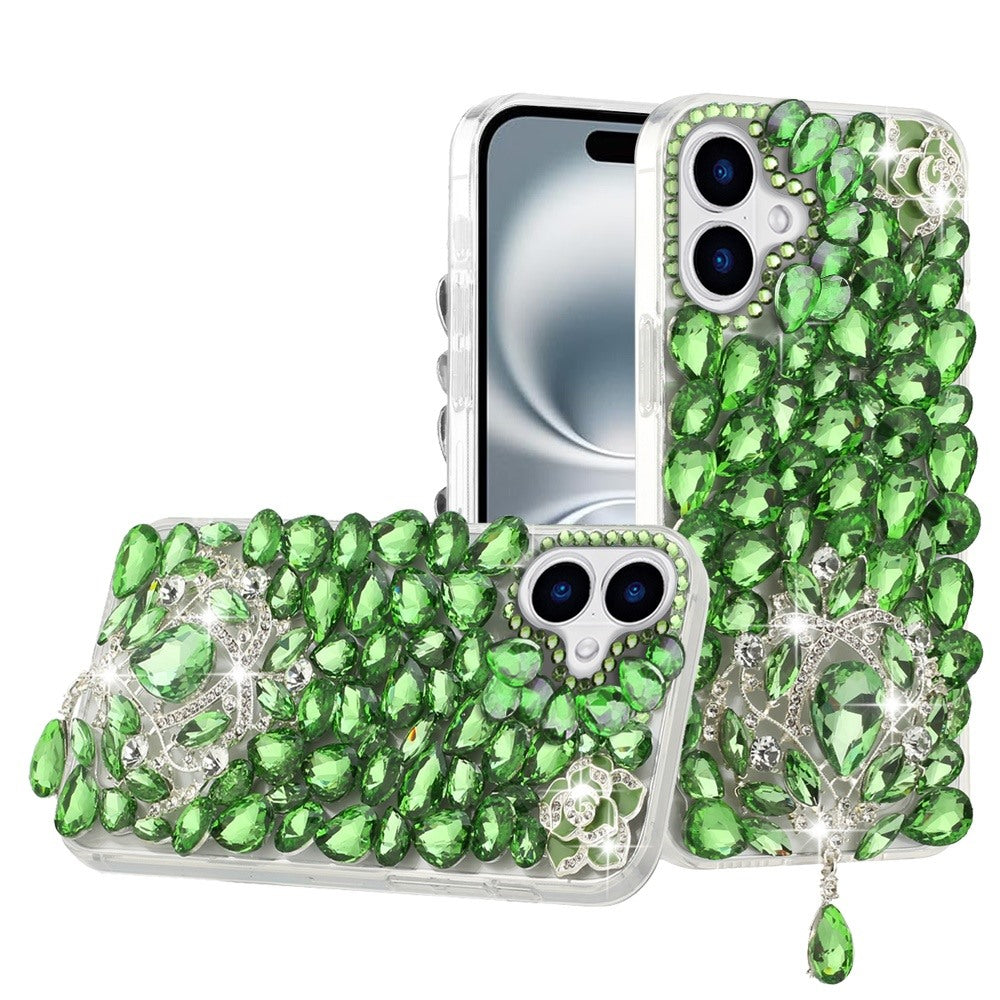 For iPhone 16 6.1inch Case Full Bling Large 3D Jewel Phone Cover +Tempered Glass