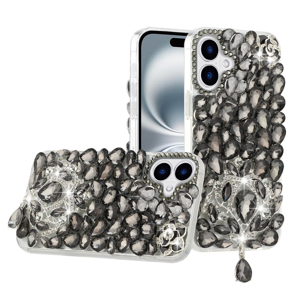 For iPhone 16 6.1inch Case Full Bling Large 3D Jewel Phone Cover +Tempered Glass