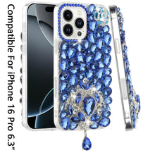 For iPhone 16 Pro 6.3in Case Full Bling Large 3D Jewel Cover + Tempered Glass