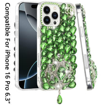 For iPhone 16 Pro 6.3in Case Full Bling Large 3D Jewel Cover + Tempered Glass