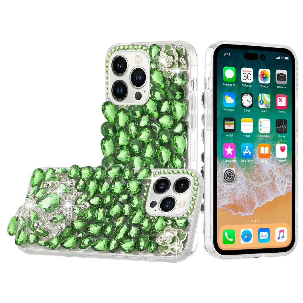 For iPhone 15 Case Full Bling Faux Diamond 3D Large Jewel + 2 Tempered Glass