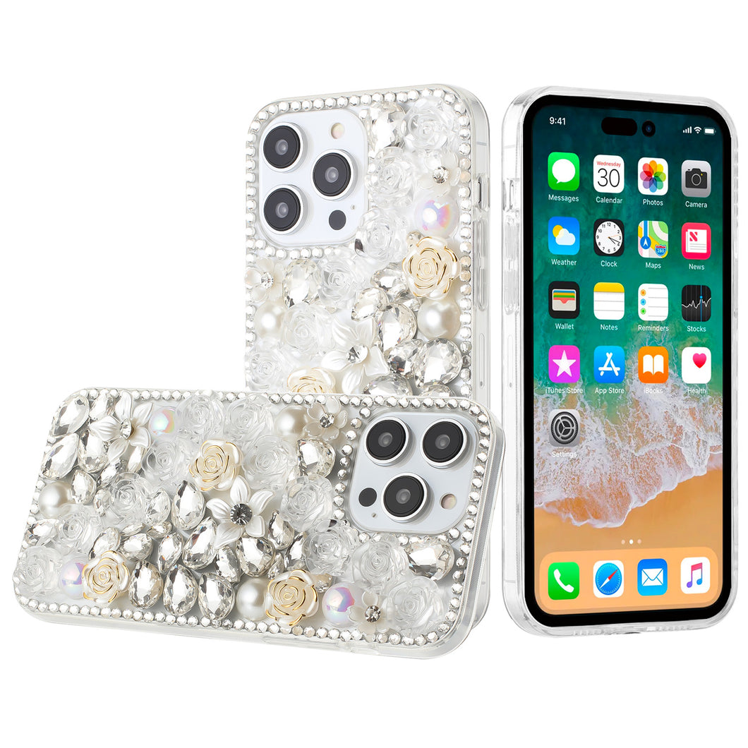 For iPhone 15 Pro Max Case Full Rhinestone 3D Rose Bling Cover +2 Tempered Glass