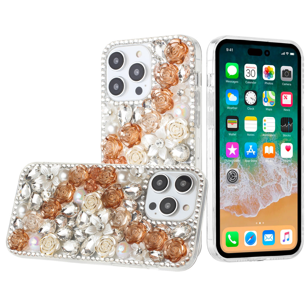 For iPhone 15 Case Full Rhinestone 3D Rose Bling Phone Cover + 2 Tempered Glass