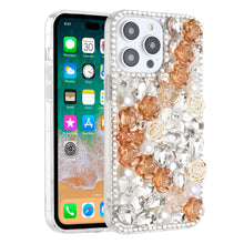 For iPhone 15 Case Full Rhinestone 3D Rose Bling Phone Cover + 2 Tempered Glass