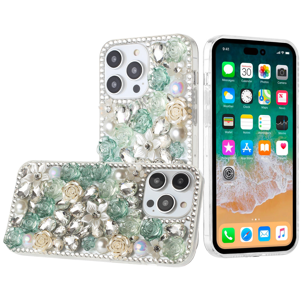 For iPhone 15 Pro Max Case Full Rhinestone 3D Rose Bling Cover +2 Tempered Glass