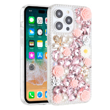 For iPhone 15 Case Full Rhinestone 3D Rose Bling Phone Cover + 2 Tempered Glass