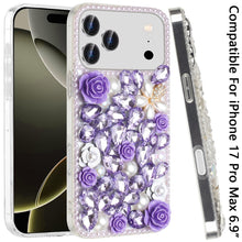 For iPhone 17 Pro Max Case Full Rhinestone 3D Rose Bling Cover + Tempered Glass
