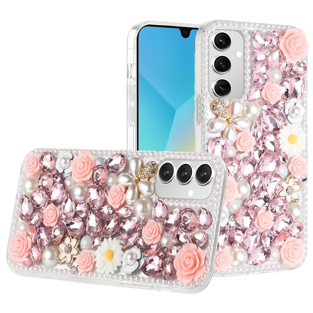 For Samsung A16 5G Case Full Rhinestone 3D Rose Bling Cover + Tempered Glass