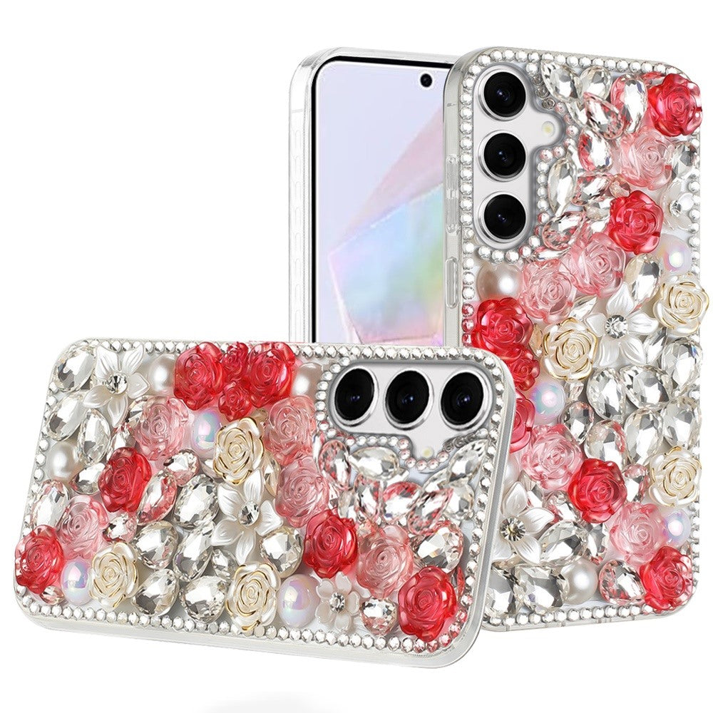For Samsung A36 Case Full Rhinestone 3D Rose Bling Phone Cover + Tempered Glass