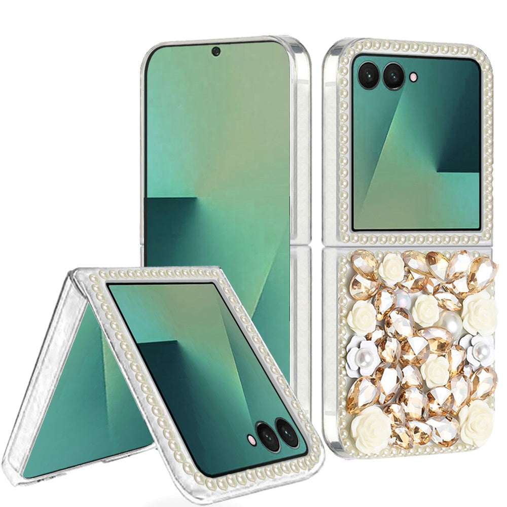 For Samsung Z Flip7 Case Full Rhinestone 3D Rose Bling Cover + Tempered Glass