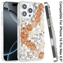 For iPhone 16 PRO MAX Case Full Rhinestone 3D Rose Bling Cover + Tempered Glass