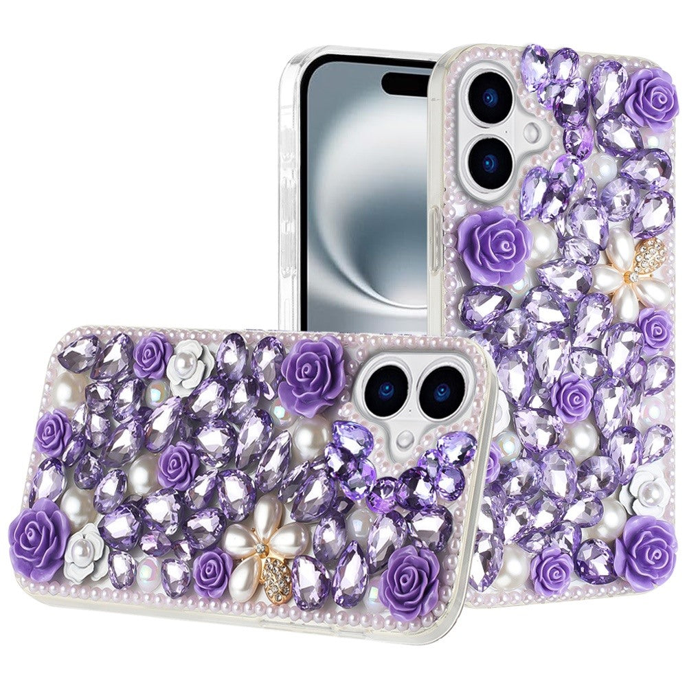 For iPhone 16 Plus 6.7in Case Full Rhinestone 3D Rose Bling + Tempered Glass