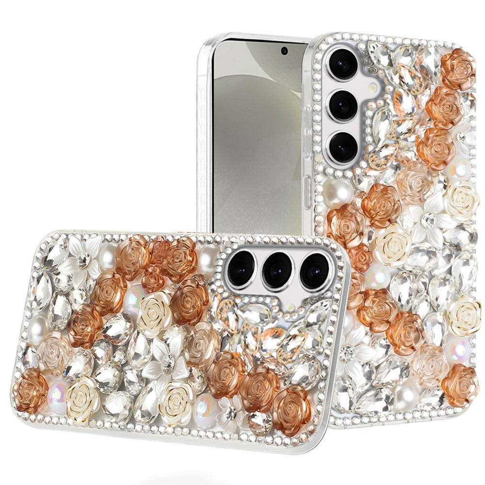 For Samsung S24+/S25+ Case Full Rhinestone 3D Rose Bling Cover + Tempered Glass