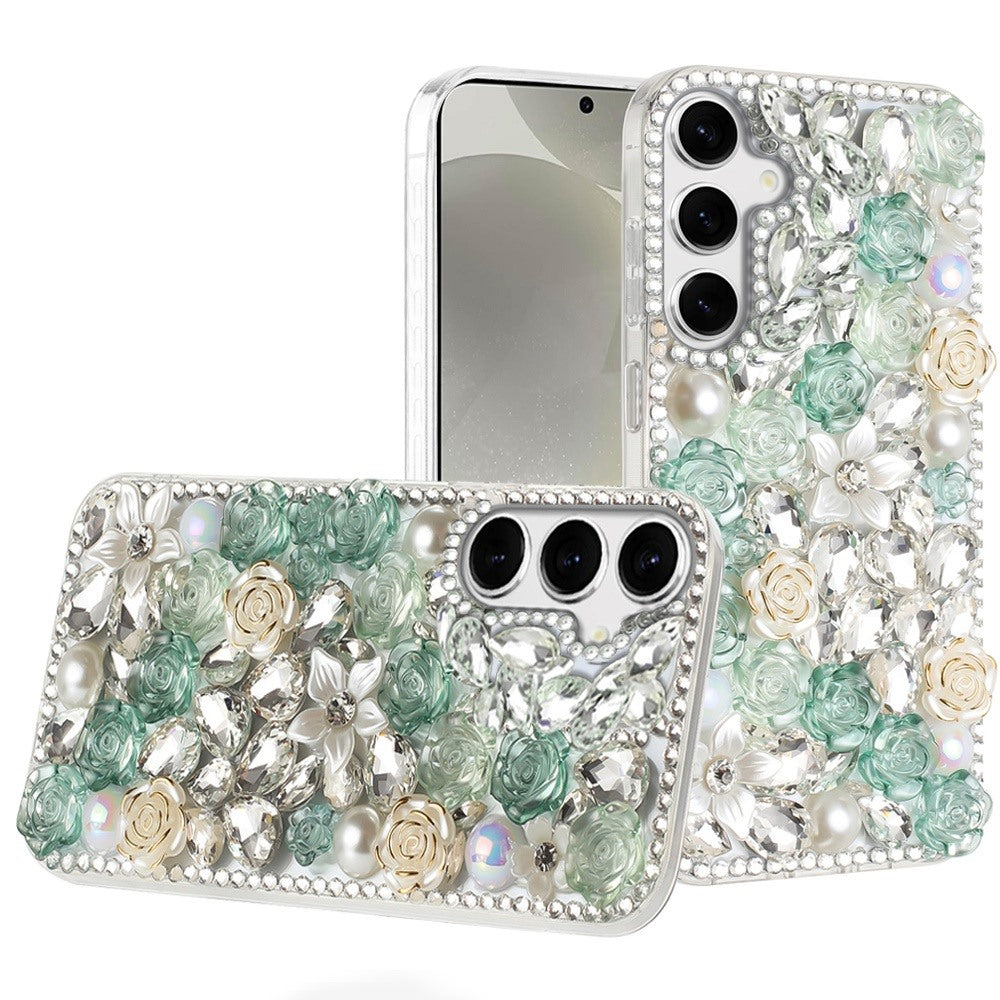 For Samsung S24+/S25+ Case Full Rhinestone 3D Rose Bling Cover + Tempered Glass