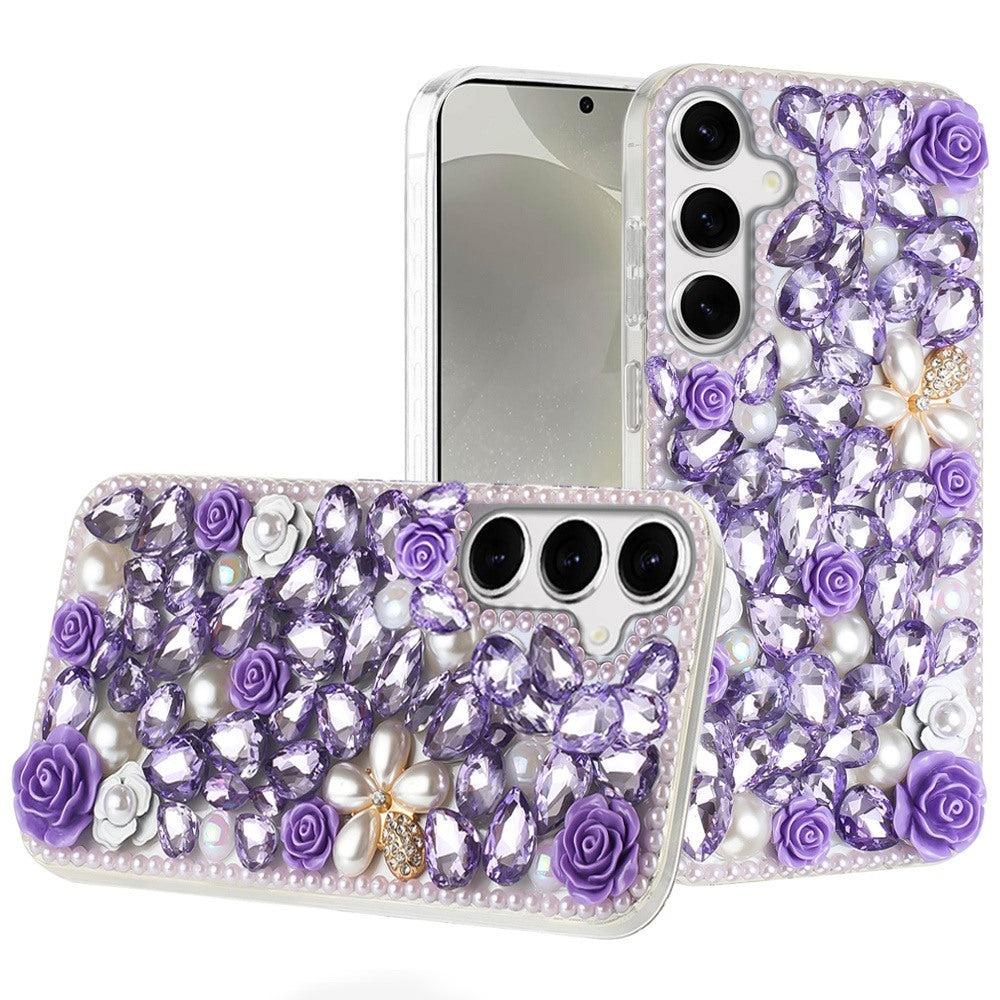 For Samsung S24+/S25+ Case Full Rhinestone 3D Rose Bling Cover + Tempered Glass