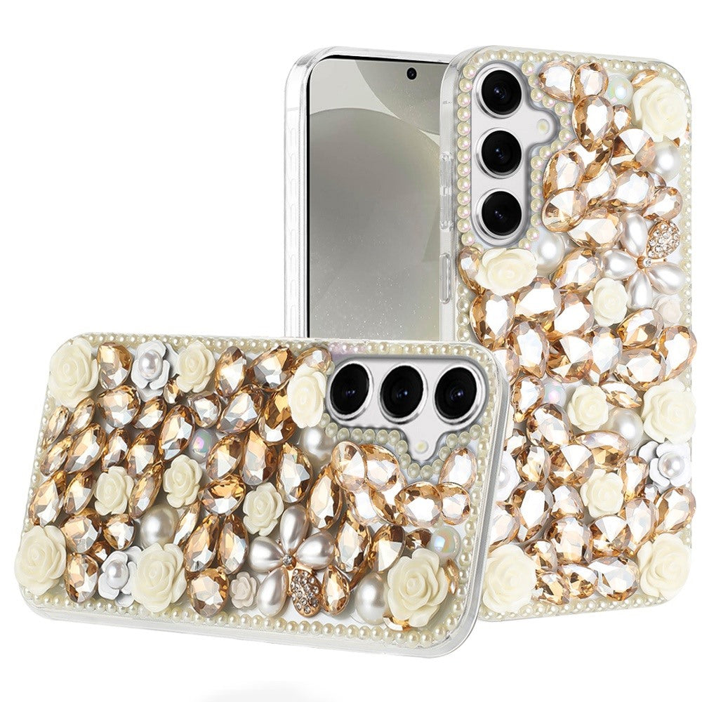 For Samsung S24+/S25+ Case Full Rhinestone 3D Rose Bling Cover + Tempered Glass