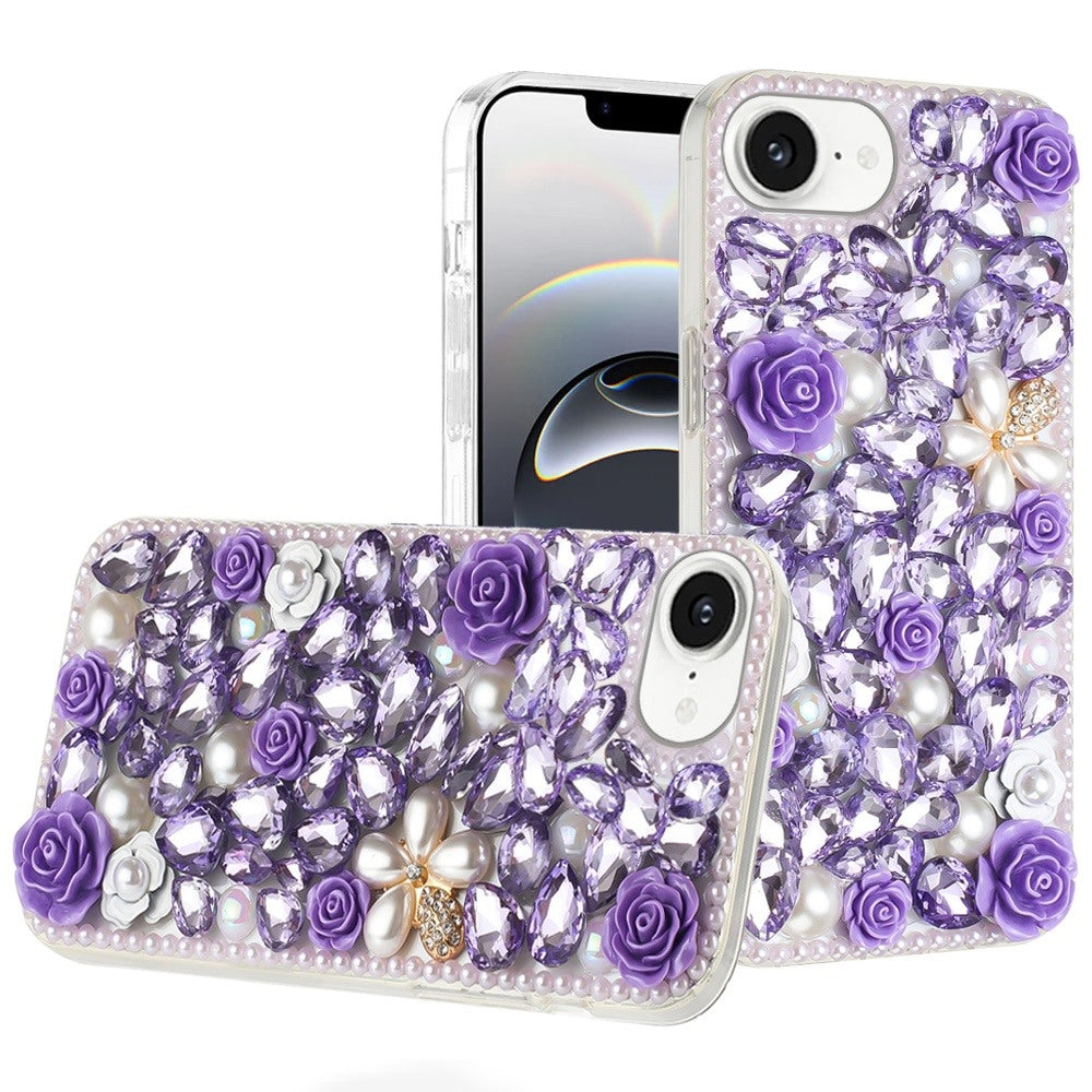 For iPhone 16e Case Full Rhinestone 3D Rose Bling Phone Cover + Tempered Glass