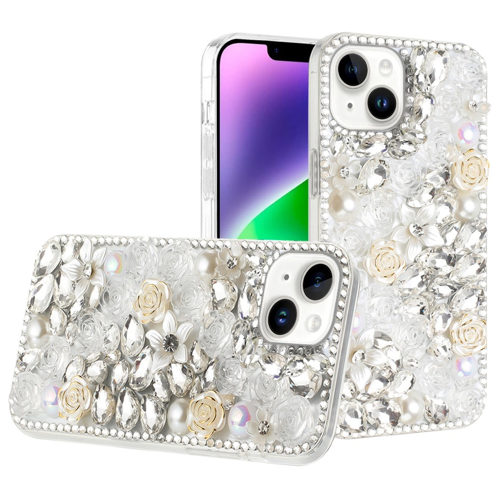 For iPhone 13/14 Case Full Rhinestone 3D Rose Bling Cover + Tempered Glass