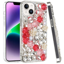 For iPhone 13/14 Case Full Rhinestone 3D Rose Bling Cover + Tempered Glass
