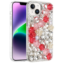 For iPhone 13/14 Case Full Rhinestone 3D Rose Bling Cover + Tempered Glass