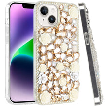 For iPhone 13/14 Case Full Rhinestone 3D Rose Bling Cover + Tempered Glass
