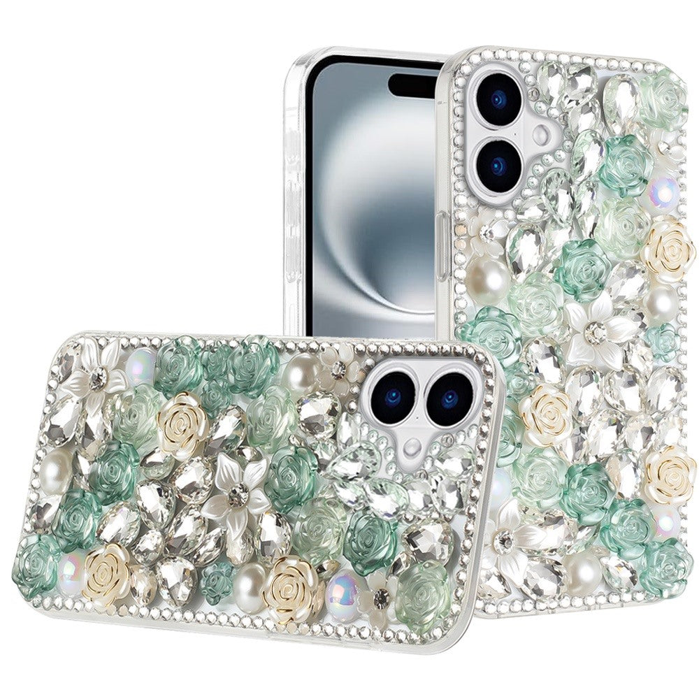 For iPhone 16 6.1inch Case Full Rhinestone 3D Rose Bling Cover + Tempered Glass