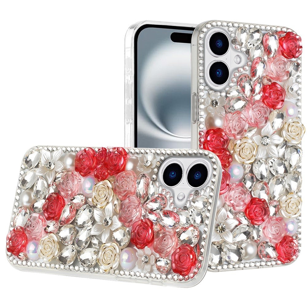 For iPhone 16 6.1inch Case Full Rhinestone 3D Rose Bling Cover + Tempered Glass