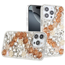 For iPhone 16 Pro 6.3in Case Full Rhinestone 3D Rose Bling Cover +Tempered Glass