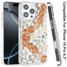 For iPhone 16 Pro 6.3in Case Full Rhinestone 3D Rose Bling Cover +Tempered Glass