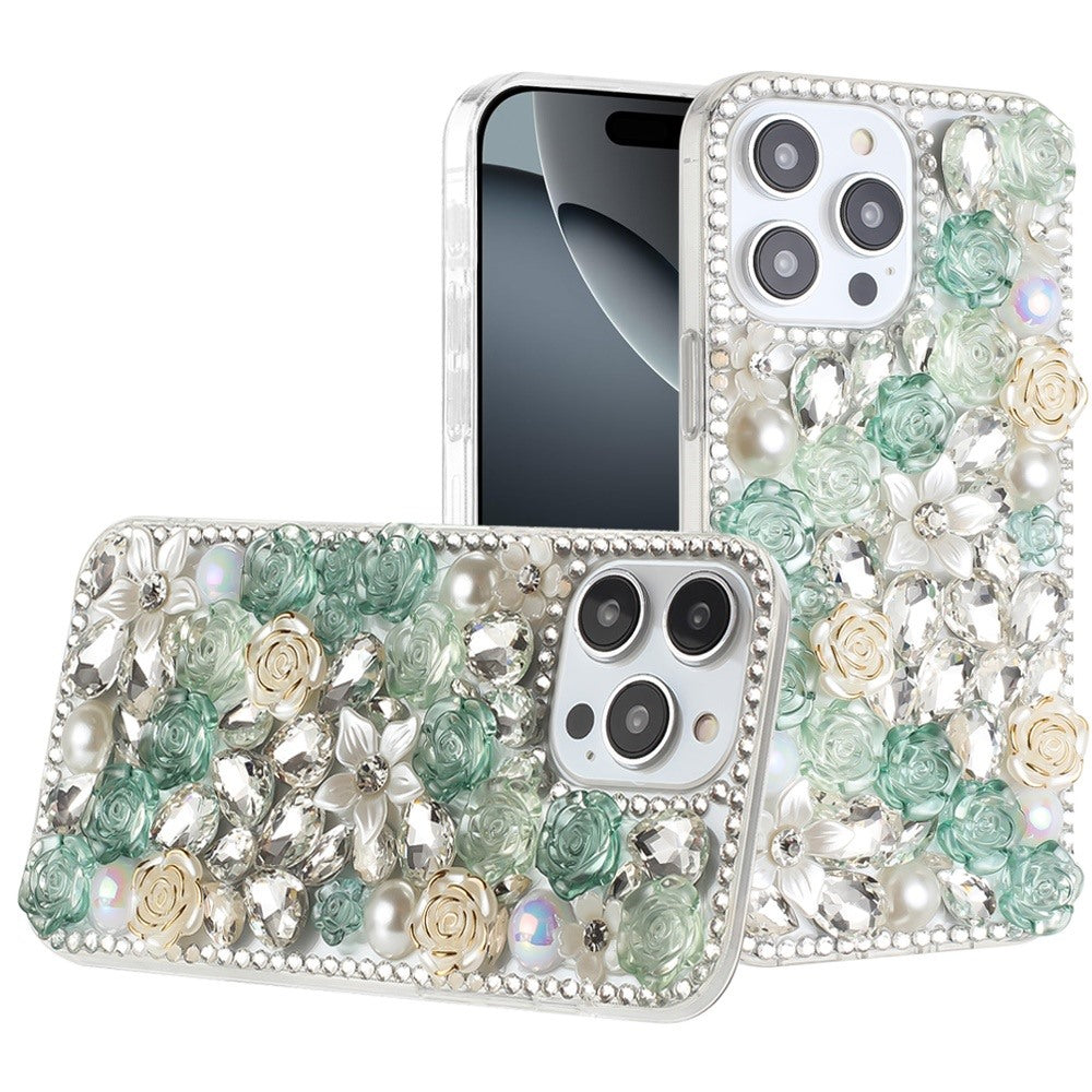 For iPhone 16 Pro 6.3in Case Full Rhinestone 3D Rose Bling Cover +Tempered Glass