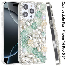For iPhone 16 Pro 6.3in Case Full Rhinestone 3D Rose Bling Cover +Tempered Glass