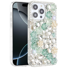 For iPhone 16 Pro 6.3in Case Full Rhinestone 3D Rose Bling Cover +Tempered Glass