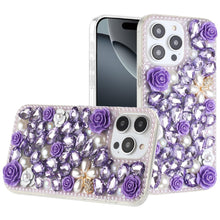 For iPhone 16 Pro 6.3in Case Full Rhinestone 3D Rose Bling Cover +Tempered Glass
