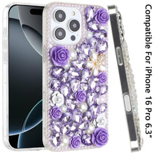 For iPhone 16 Pro 6.3in Case Full Rhinestone 3D Rose Bling Cover +Tempered Glass