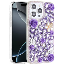 For iPhone 16 Pro 6.3in Case Full Rhinestone 3D Rose Bling Cover +Tempered Glass