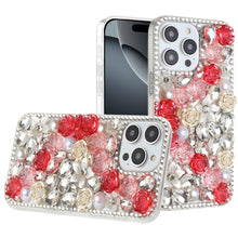 For iPhone 16 Pro 6.3in Case Full Rhinestone 3D Rose Bling Cover +Tempered Glass