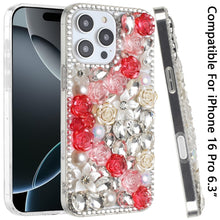 For iPhone 16 Pro 6.3in Case Full Rhinestone 3D Rose Bling Cover +Tempered Glass