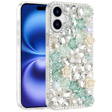For iPhone 17 Case Full Jewel with 3D Roses Bling Phone Cover + Tempered Glass