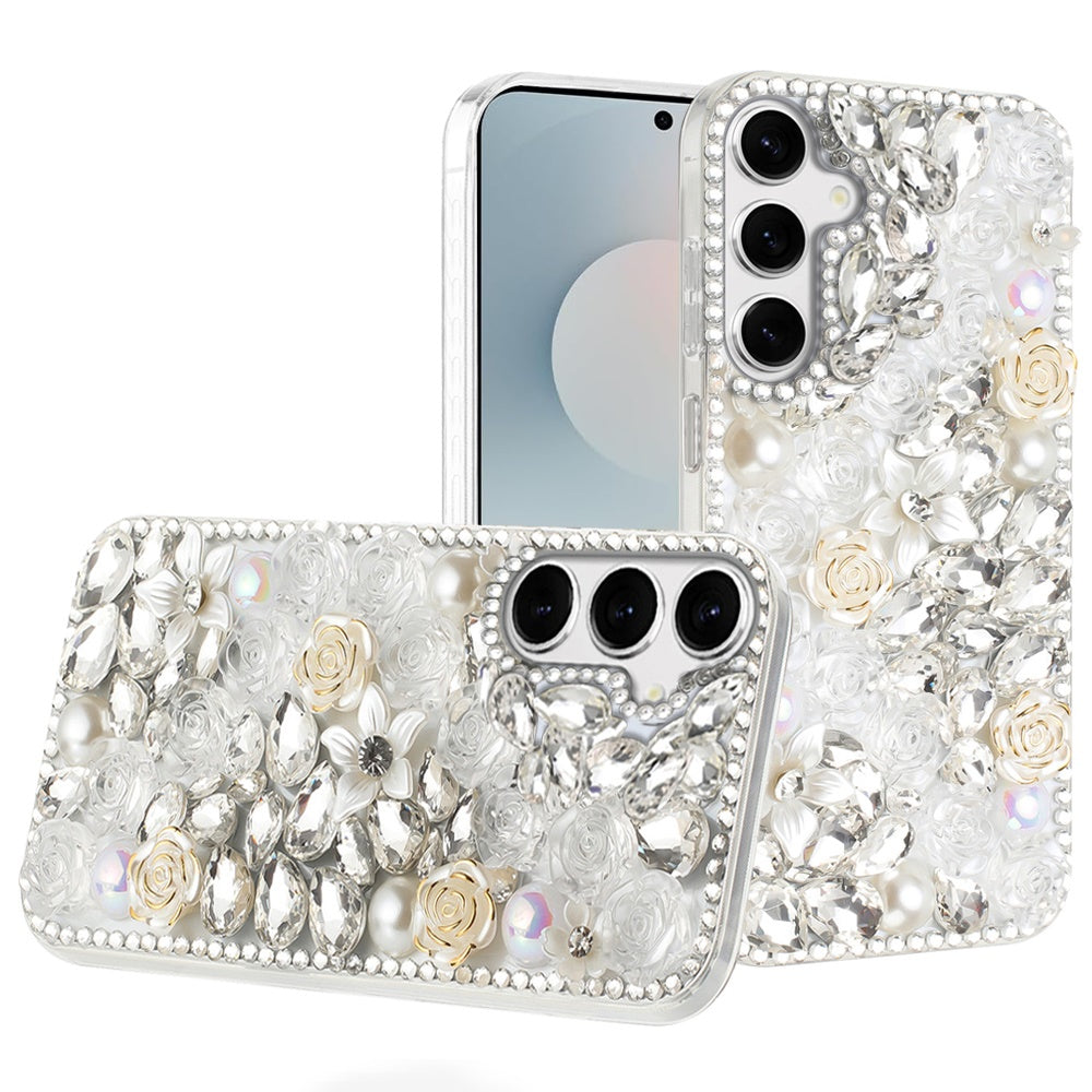 For Samsung S25 FE Case Full Rhinestone 3D Rose Bling Cover + Tempered Glass