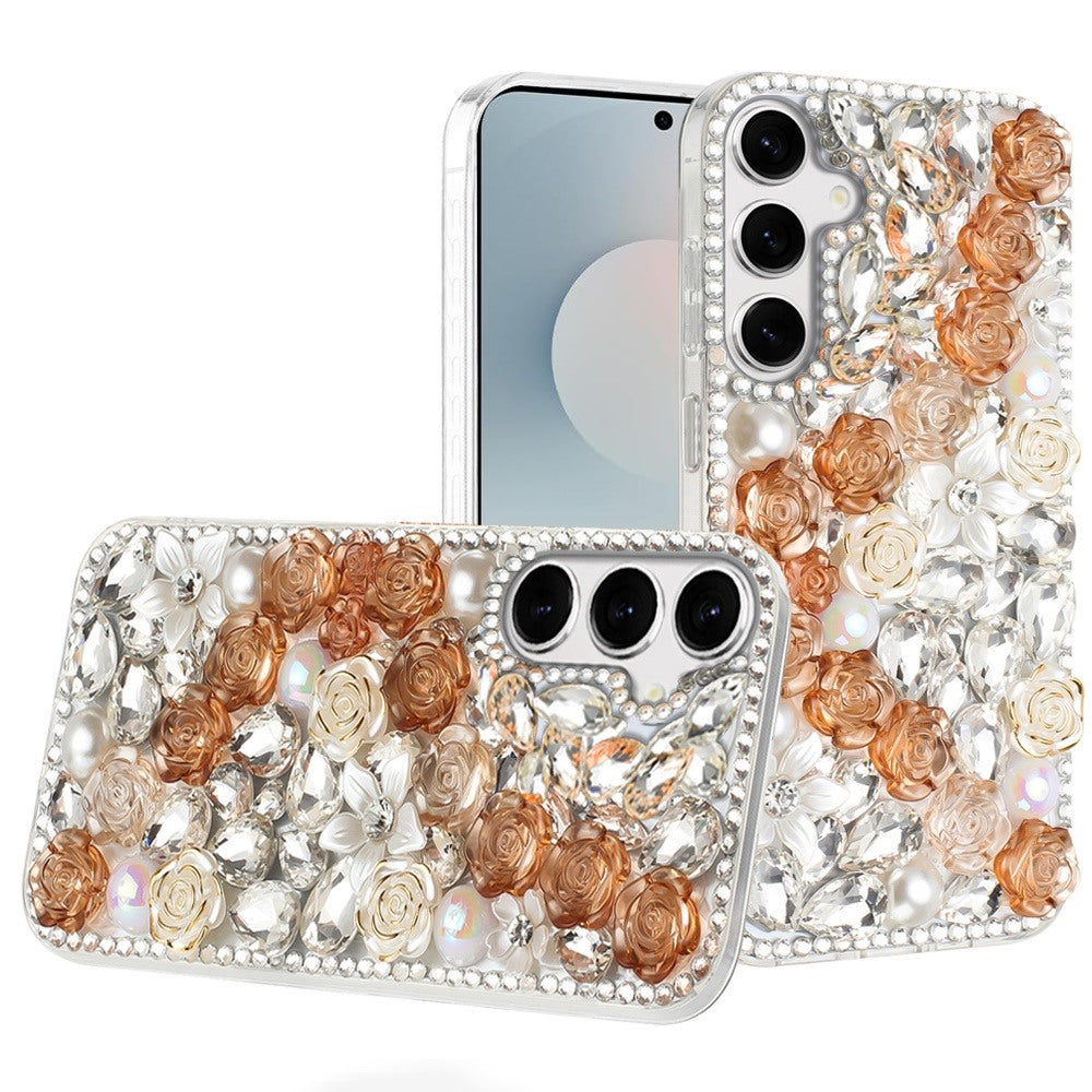 For Samsung S25 FE Case Full Rhinestone 3D Rose Bling Cover + Tempered Glass
