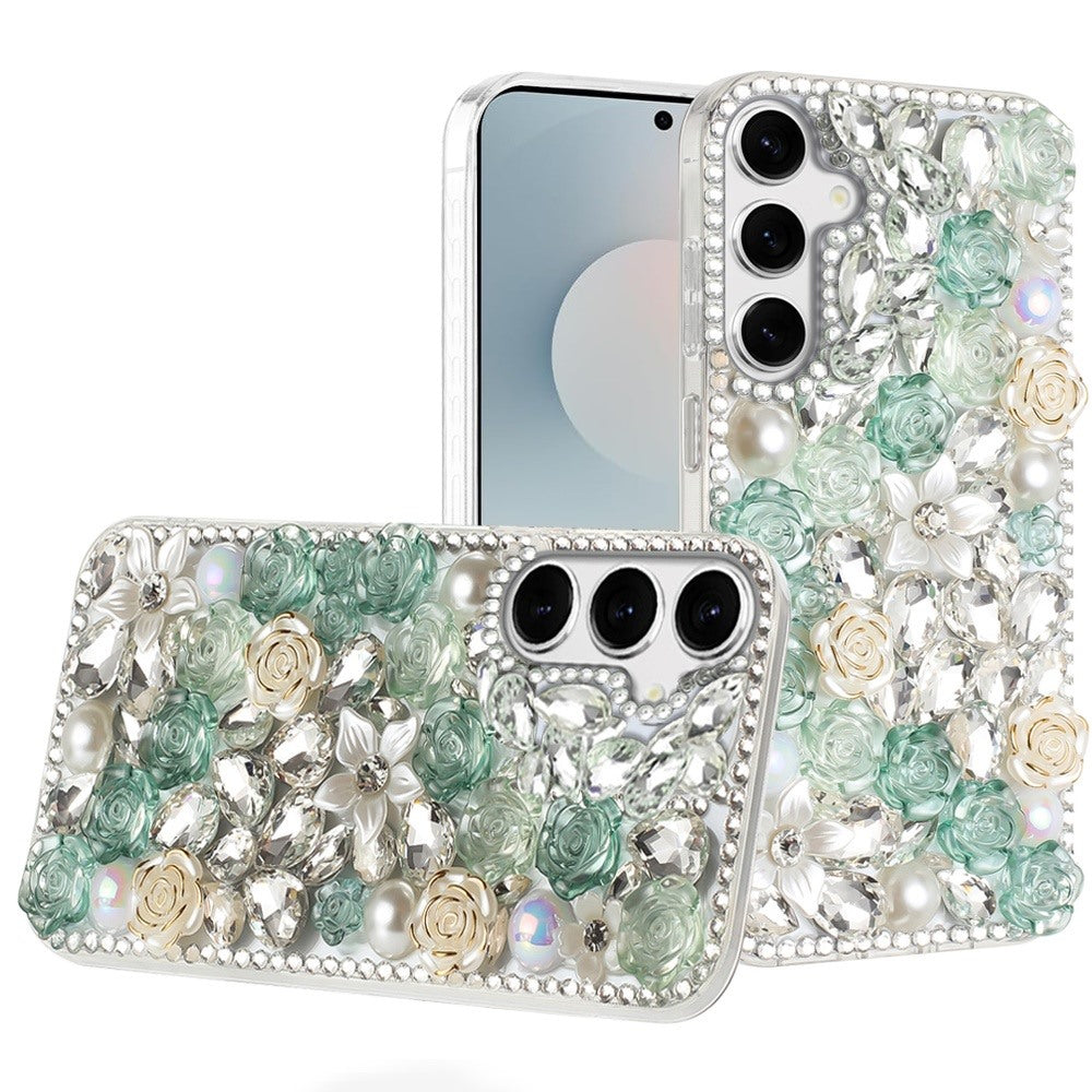 For Samsung S25 FE Case Full Rhinestone 3D Rose Bling Cover + Tempered Glass