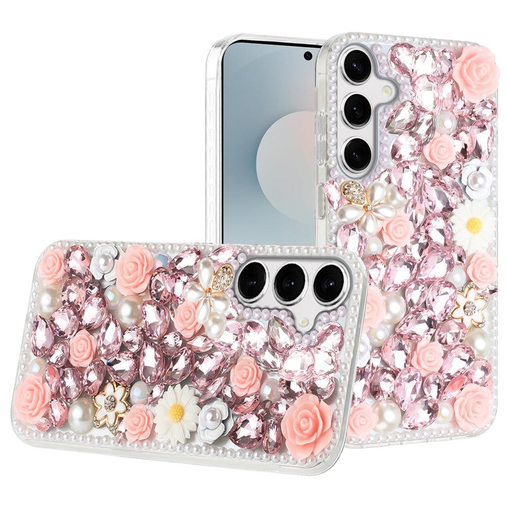 For Samsung S25 FE Case Full Rhinestone 3D Rose Bling Cover + Tempered Glass