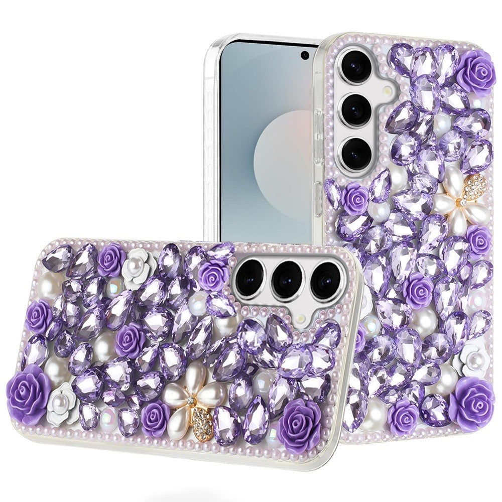 For Samsung S25 FE Case Full Rhinestone 3D Rose Bling Cover + Tempered Glass